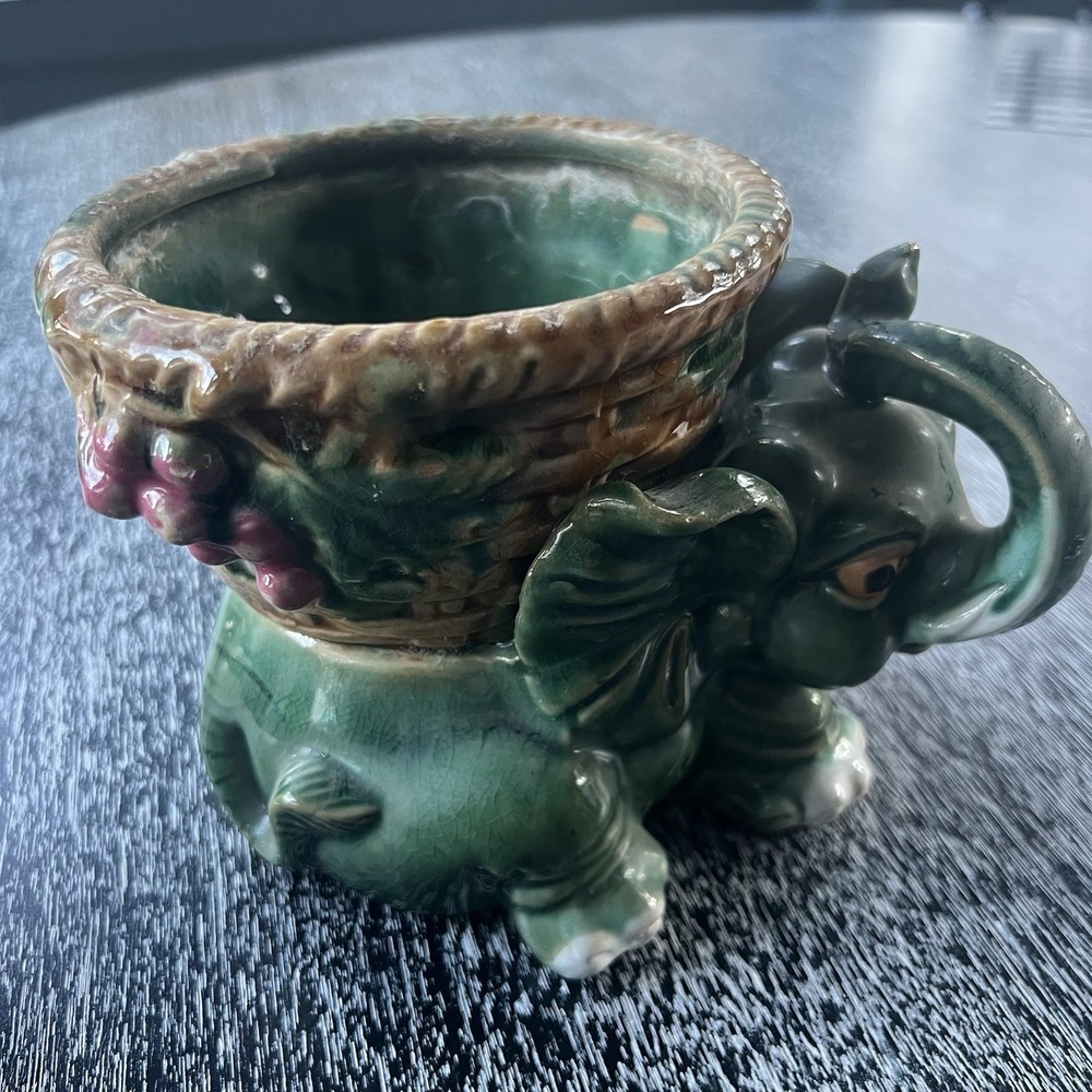 Vintage Majolica Style Ceramic Elephant Lucky Green Trunk‎ Up